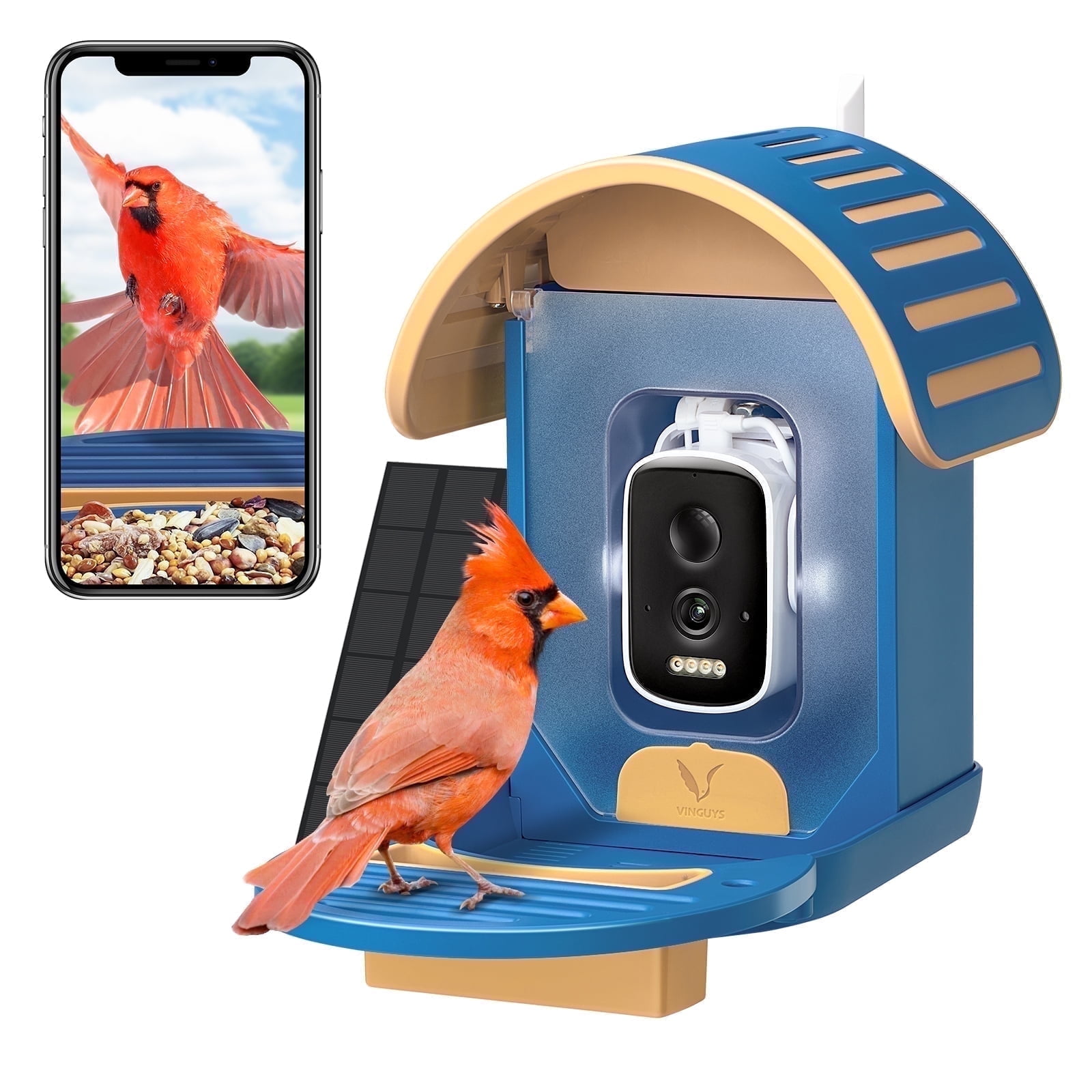 VINGUYS Bird Feeder with Camera and Smart AI Identification, Solar Powered IP66 Waterproof for Outdoor Birding, Blue