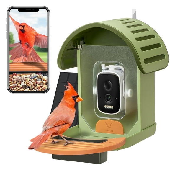 VINGUYS Bird Feeder with Camera and Smart AI Identification, Solar Powered IP66 Waterproof for Outdoor Birding, Green