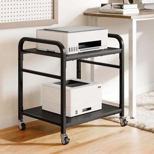 VINGVO 2 Tier Under Desk Printer Stand with Storage, 22" Rolling Printer Cart with Lockable Wheels, Height Adjustable Shelf for Home Office, Black