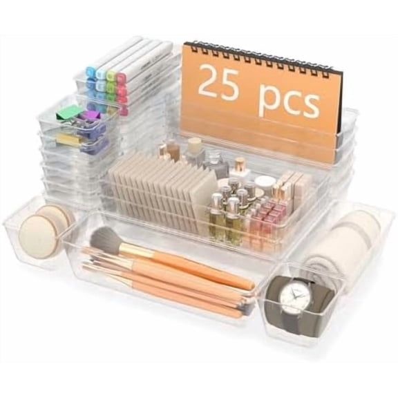 VINGVO 25 PCS Clear Plastic Drawer Organizer Set, 4 Sizes Vanity Organizers, Desk Drawer Divider Organizers and Storage Bins for Makeup, , Gadgets for Kitchen, Bathroom, Office