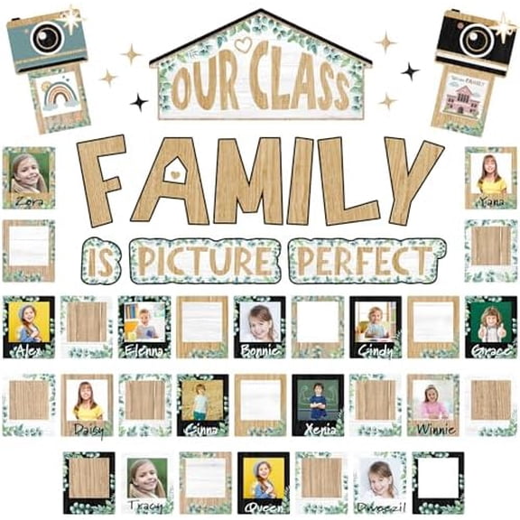 VINGVO 52 Pcs Eucalyptus Bulletin Board Decor for Classroom, Our Class is a Family Picture Frame Bulletin Board Set for Teachers Chalkboard School Home Door Decor
