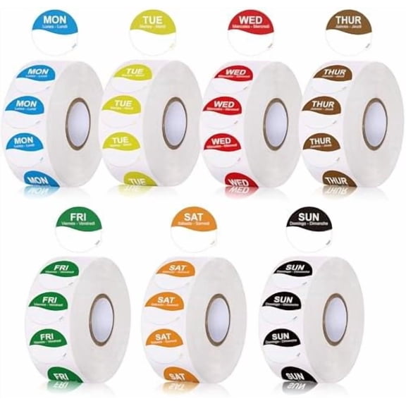 VINGVO 7000 Pcs Day of Week Label Food Label Monday Through Sunday Management Inventory Sticker Removable Weekly Self Adhesive Date Dot Sticker for Restaurant Kitchen Container (Wave)