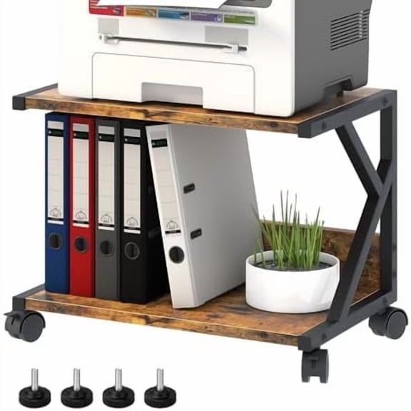 VINGVO Desktop Printer Stand with 2 Tier Wood Storage Shelves,Under Desk Printer Table,Multi-Purpose Home Office Desk Organizer for Fax Machine, Scanner (Rustic Brown)