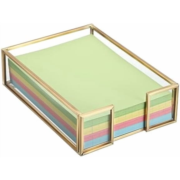 VINGVO Golden Glass Sticky Note Holder for 4x6 Inch Sticky Notes, Elegant Post It Note Dispenser with Non-Slip Pads Clear Notepad Holder for Desk Organization Planning, Home Office Decor