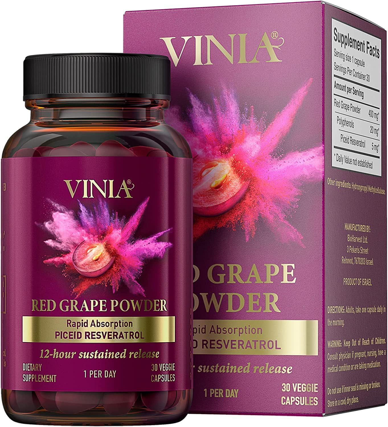 VINIA 12Hour Sustained Release Piceid Resveratrol Supplement. Nitric