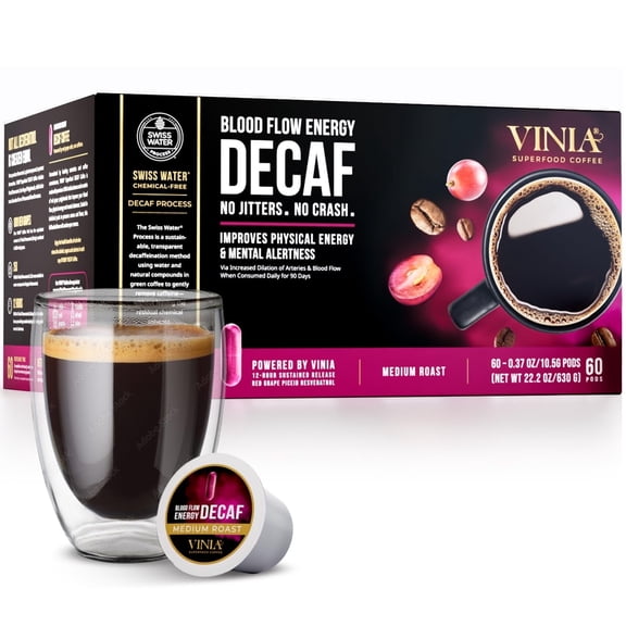 VINIA Blood Flow Energy DECAF Coffee Pods - Medium Roast Superfood, Swiss Water Decaf, Powered by Red Grape Piceid Resveratrol, Keurig Compatible, Caffeine Free, 60 Count