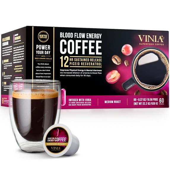 VINIA Blood Flow Energy Coffee Pods - Medium Roast Infused with Red Grape Piceid Resveratrol for Physical Energy & Mental Alertness, Keurig K-Cup Compatible Superfood Coffee, Full-Bodied, 60 Count.