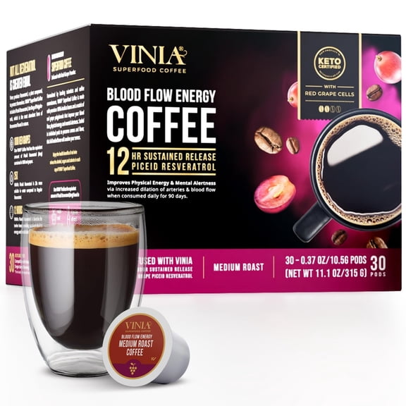 VINIA Medium Dark Roast Coffee with Red Grape Piceid Resveratrol, Nitric Oxide for Heart Health, Alertness, Physical Energy & Blood Flow Circulation. 30ct K-Cup Pods