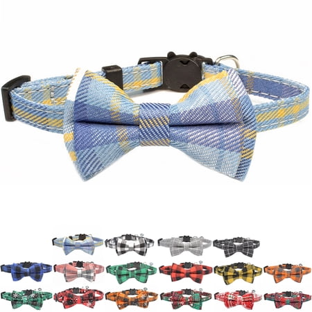 VINIPET Breakaway Cat Collar with Bow Tie and Bell for Small Med Cat (Baby Blue & Yellow)