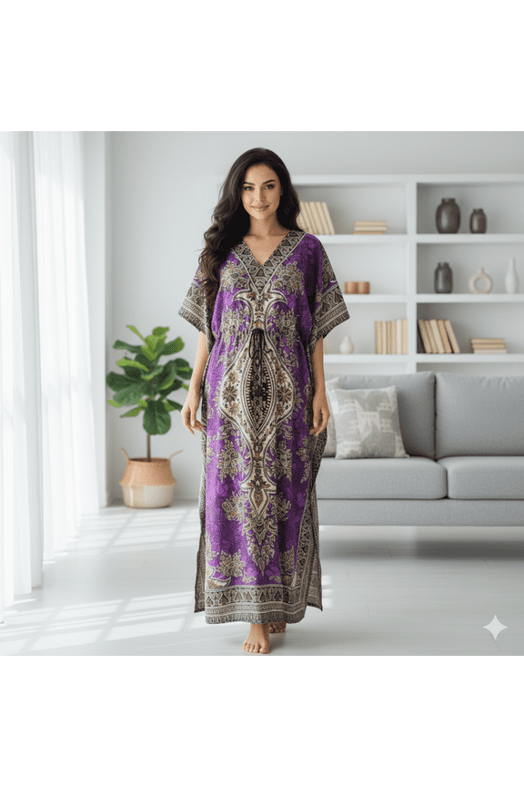 Women’s Polyester Bohemian Kaftan Maxi Dress with V-Neck – Relaxed Fit Summer Lounge Wear