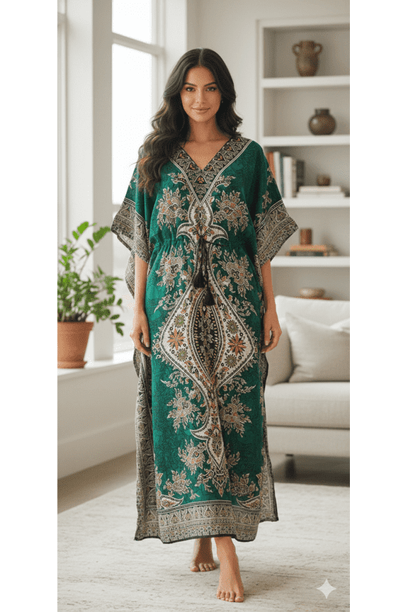 Women’s Polyster Bohemian Kaftan Maxi Dress with V-Neck – Relaxed Fit Summer Lounge Wear