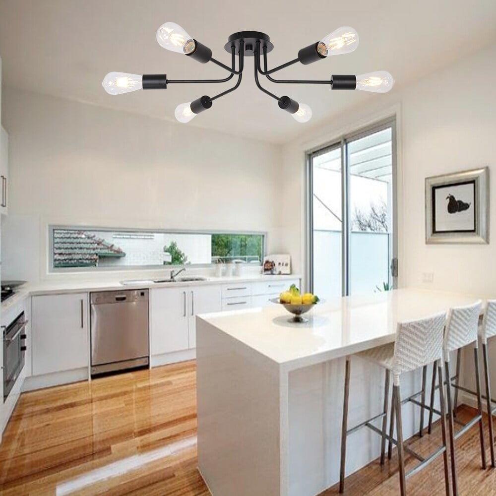 VINLUZ Farmhouse Ceiling Light Black Finish Sputnik Semi Flush Mount Black - 6-lights