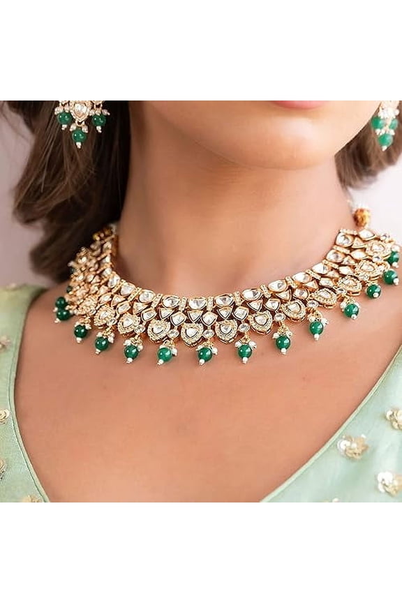 Kundan Green Bead Accent Necklace Indian Jewelry Kundan Crystal Faux Pearl Necklace Set Bollywood Wedding Choker Necklace Earrings