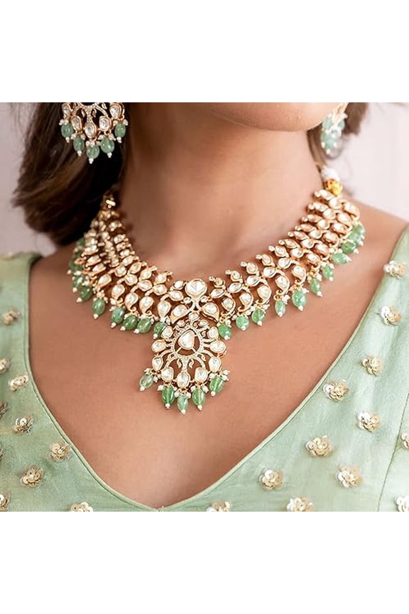 Kundan Necklace Set with Earring Pair Vibrant Green Beads Heriloom Anmol Pendant Jewelry Set