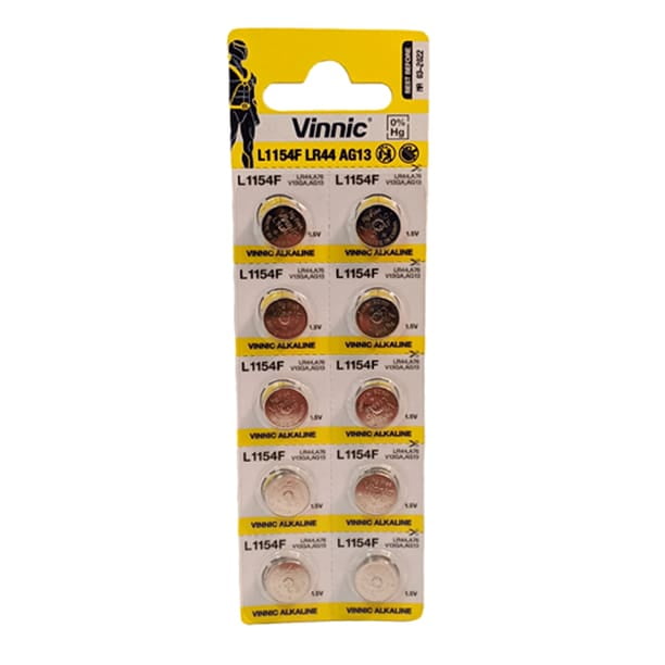 VINNIC LR44 L1154F AG13 Alkaline Coin Battery (10 Pack) 1.5v 110mAh