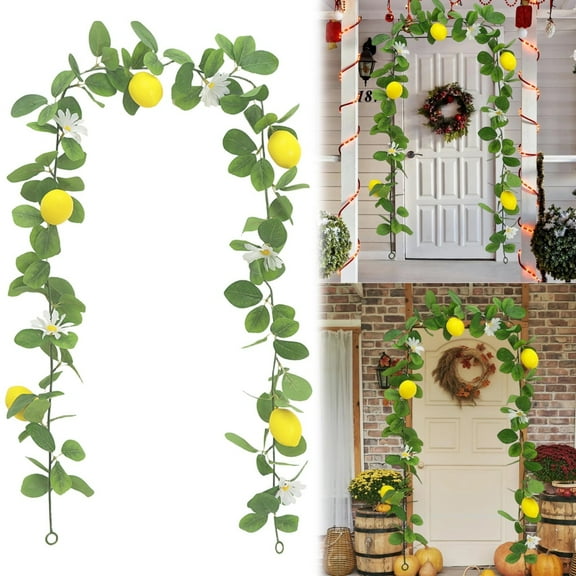 VINOIC Artificial Lemon Garland Circle Hanging, Faux Greenery Vine with Realistic Lemons for Anniversary Mantle Doorway Porch Decor, UV Resistant Plants