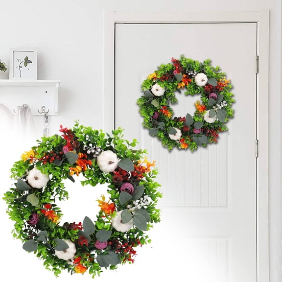 VINOIC Autumn Eucalyptus Pumpkin Wreath, 18 Inch Fall Door Decor, Sustainable Thanksgiving Holiday Decor, Realistic Front Porch Arrangement