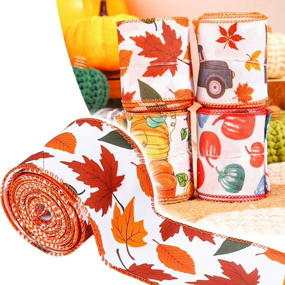 VINOIC Autumn Ribbon Roll Wired Burlap Fall Leaves Design for Gift Wrapping Craft Decor