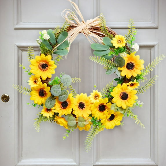 VINOIC Sunflower Wreath 16 Inch Yellow Artificial Flower Front Door Hanging Decor for Farmhouse Wall Window Decor