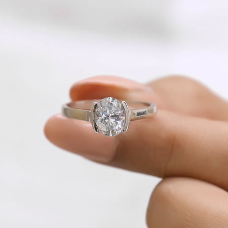 VINSON 1.50 Carat Oval Moissanite Engagement Ring - Half Bezel Set Unique Oval Ring - Cathedral Gift Ring