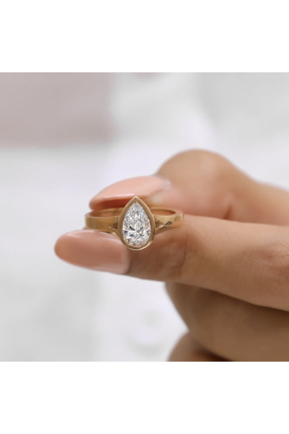 1.50 Carat Pear Moissanite Diamond Engagement Ring - Tear Shape Split Shank Bezel Set Cathedral Ring