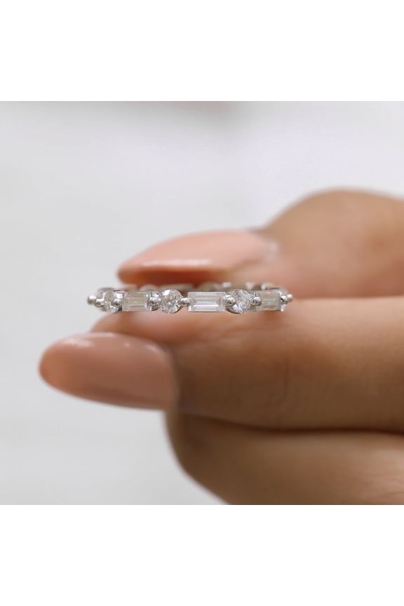 1.50 TW Baguette and Round Moissanite Diamond Wedding Band - Floating Bubble Stackable Eternity Band -Matching Ring
