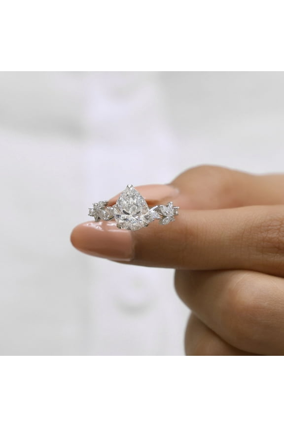 2.5 Carat Pear Cut Moissanite Engagement Ring, Leaf Shape Twig Anniversary Ring for Women