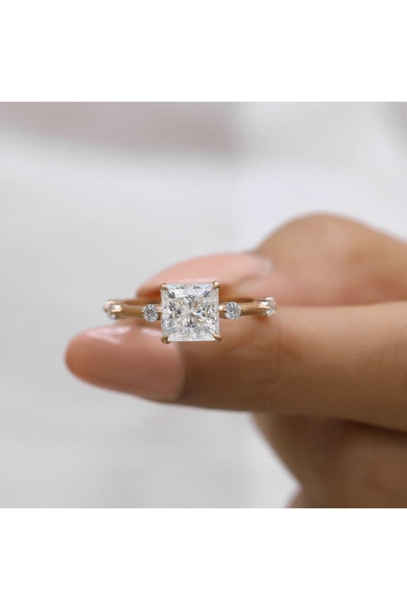 2 CT Princess Cut Moissanite Diamond Distance Pave Engagement Ring