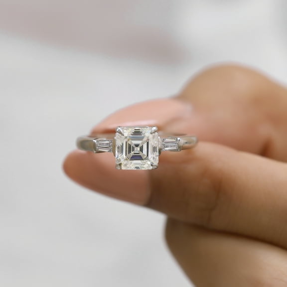 VINSON 2 Carat Asscher Moissanite Diamond Three Stone Ring - 3 Stone Diamond Wedding Ring for Women