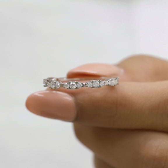 VINSON Half Eternity Wedding Band - 0.44 TW Round Cut Moissanite Diamond Band - Marquise Shape Outline Band, Stackable Band, Anniversary Gifts for Her