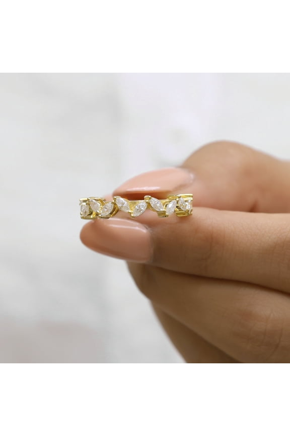 Marquise Moissanite Diamond Wedding Band - 3/4 Eternity Zig Zag Design Band - Anniversary Gift Ring, Wedding Gift for Women