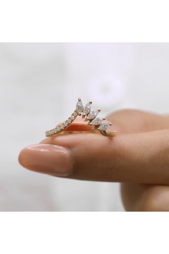 Moissanite Tiara Wedding Band - Marquise and Round Cut Diamond Band - V Shape Chevron Band, Half Eternity Band, Stackable-Matching Band