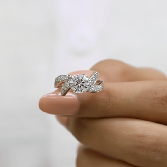 VINSON Round Brilliant Cut Moissanite Diamond Engagement Ring - Nature Inspired Wedding Proposal Ring for Women