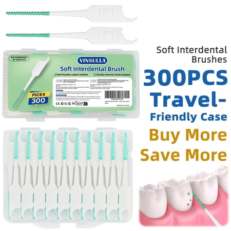 VINSULLA Dental Floss Picks for Teeth Cleaning, Easy to Use Disposable Interdental Brushes with Convenient Carry Case, (Green, 300 Count)