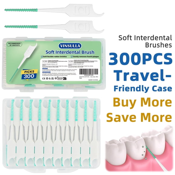 VINSULLA Dental Floss Picks for Teeth Cleaning, Easy to Use Disposable Interdental Brushes with Convenient Carry Case, (Green, 300 Count)