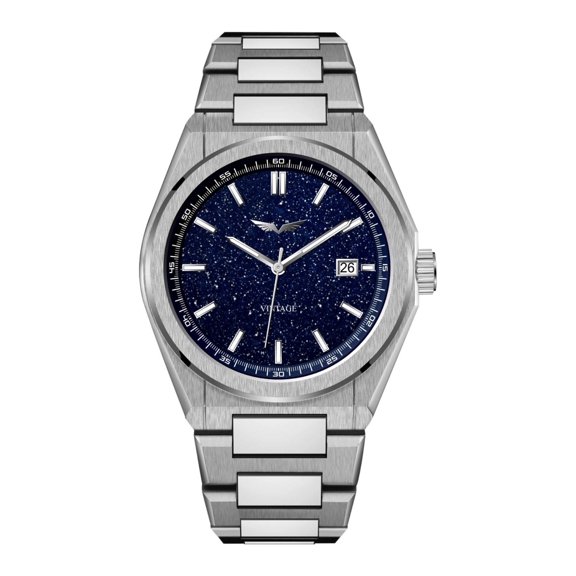 VINTAGÉ Blue Stardust Dial Watch, Stainless Steel, Water Resistant, Analog
