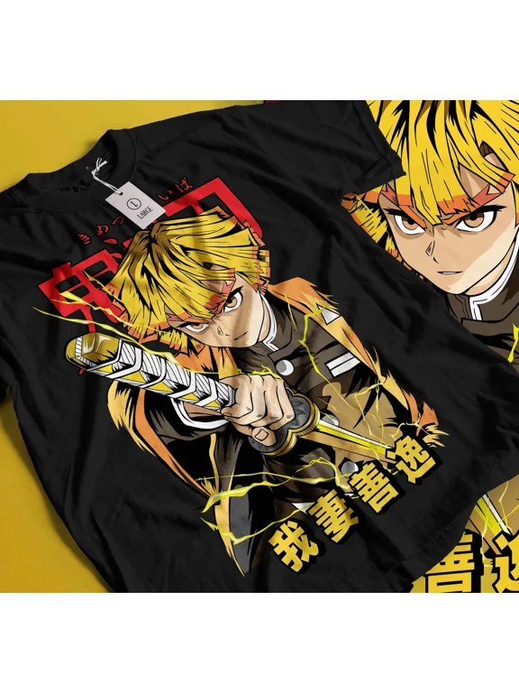 VINTAGE Anime Kimetsu No Yaiba Agatsuma Zenitsu Thunder Breathing Black T-Shirt