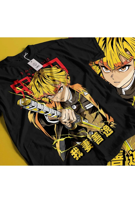 VINTAGE Anime Kimetsu No Yaiba Agatsuma Zenitsu Thunder Breathing Black T-Shirt