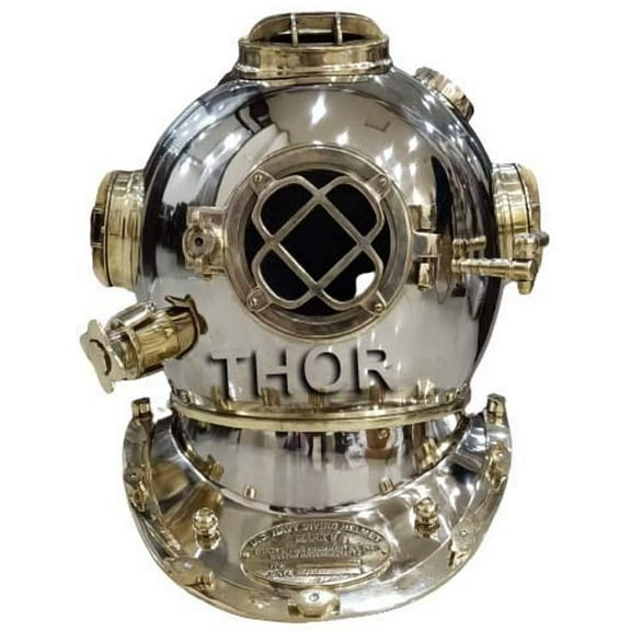 VINTAGE BRASS US NAVY MARK V SOLID DIVING DIVERS HELMET 18"