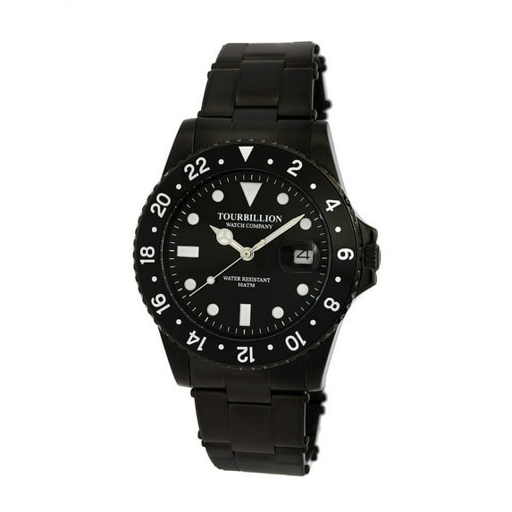 VINTAGE COLLECTION WATCH IP BLACK CASE BLACK DIAL WITH INDEX AND BLACK ALUMINUM BEZEL WITH IP BLACK STAINLESS STEEL EXPANDABLE STRAP