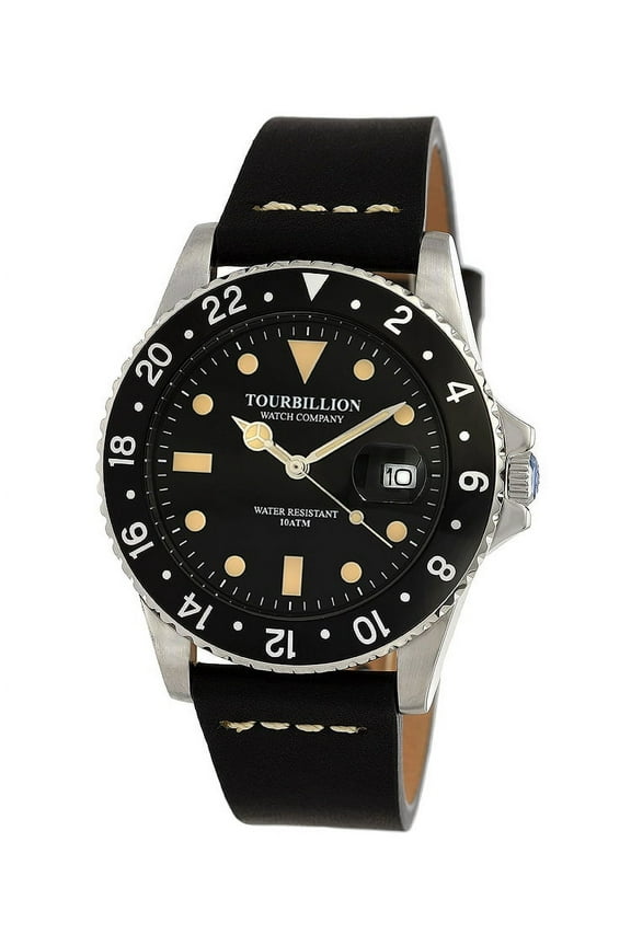 VINTAGE COLLECTION WATCH SILVER CASE BLACK DIAL WITH INDEX AND BLACK ALUMINUM BEZELWITH BLACK GENUINE LEATHER STRAP