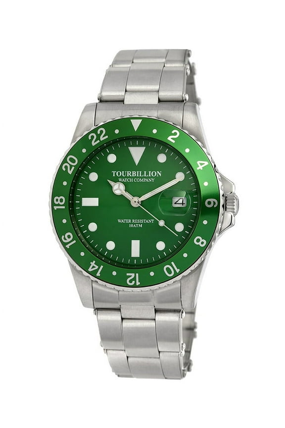 VINTAGE COLLECTION WATCH SILVER CASE GREEN DIAL WITH INDEX AND GREEN ALUMINUM BEZEL WITH STAINLESS STEEL EXPANDABLE STRAP