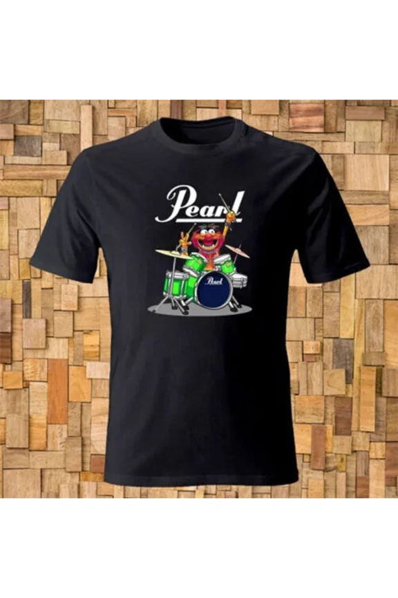VINTAGE Pearl Drums Cartoon Logo Men's Black T-shirt