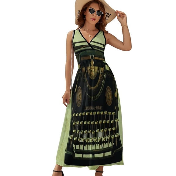 VINTAGE TYPEWRITER Pop Art Dress Summer Street Style Bohemia Long Dresses Female Sleeveless Printed Maxi Dress