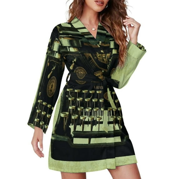 VINTAGE TYPEWRITER Pop Art Night Robe Long Sleeve V Neck Robe With Belt Women's Sleepwear Dresses