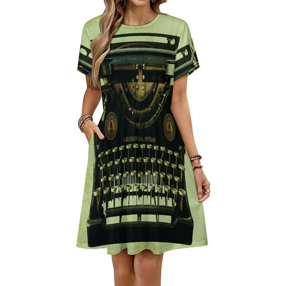 VINTAGE TYPEWRITER Pop Art Short Sleeve Dress Women Summer Evening Dresses Ladies Sundress