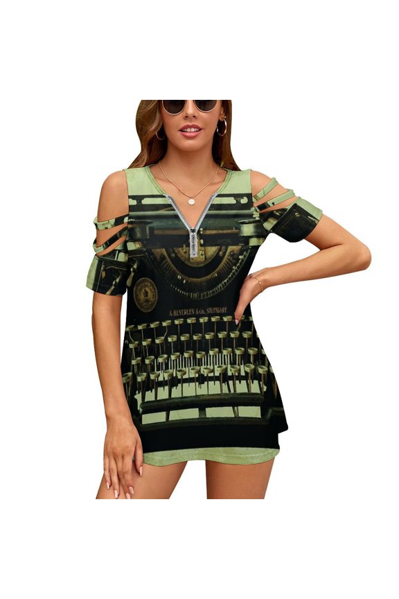 VINTAGE TYPEWRITER Pop Art Womens Summer V Neck Zipper Top Short Sleeve T Shirt Off Shoulder Top Casual Classy Loose Shirts