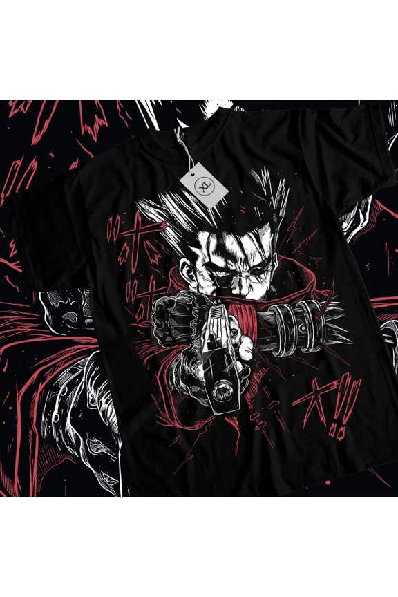 VINTAGE Trigun T-shirt Vash The Stampede Moon Funny COMEDY Anime Manga Gift Black Shirt