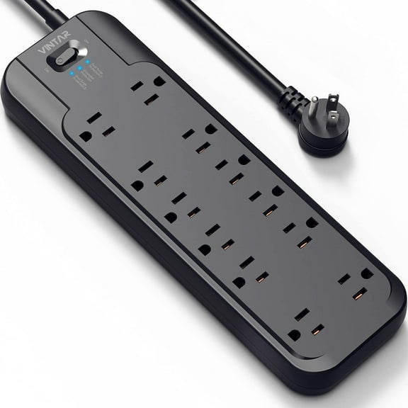 VINTAR 12 Outlets Power Strip Surge Protector with Dual Surge Protection, 6ft Long Extension Cord, 2 4800 Joules, 1875W, Black