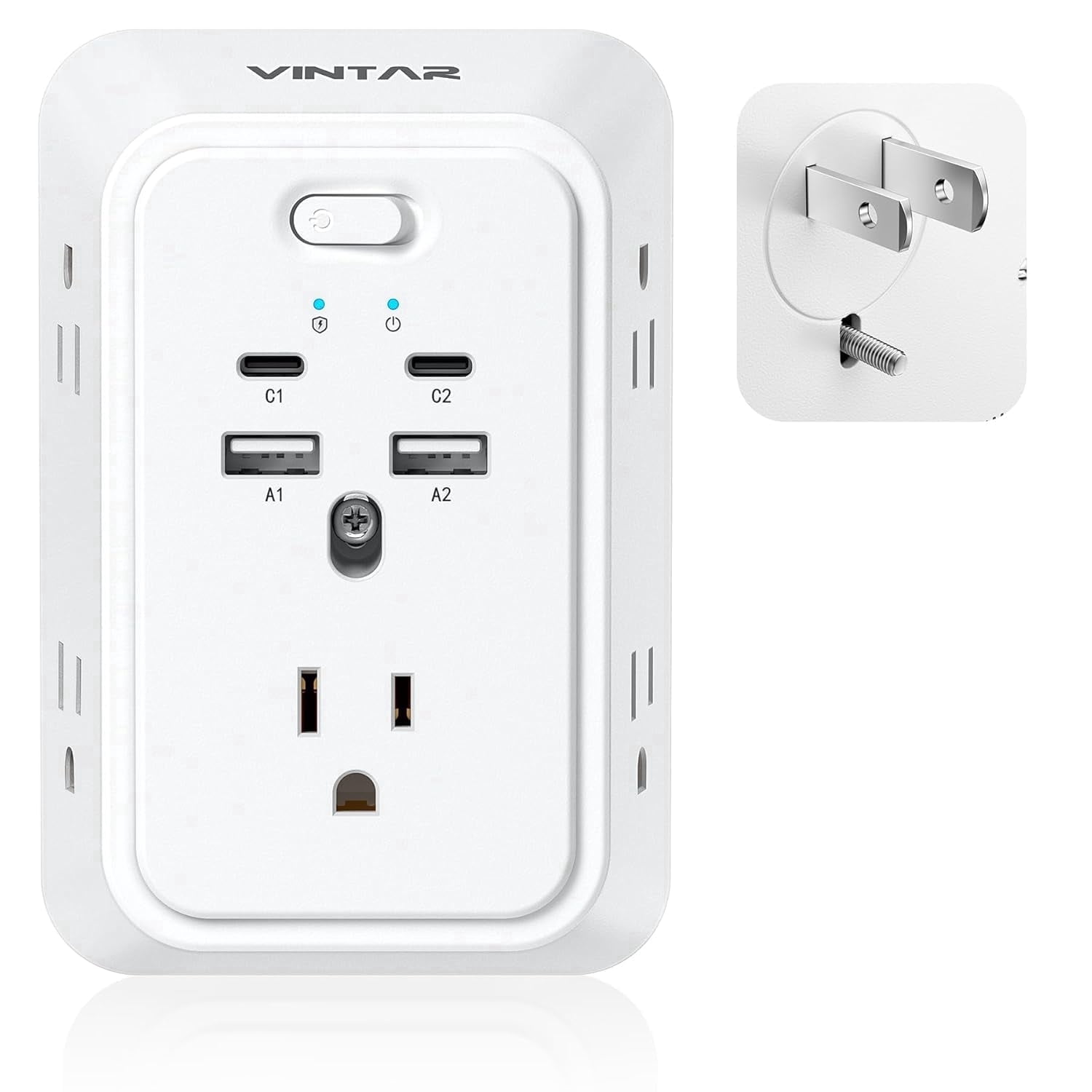 Mini Plug Adapter For Usb VINTAR 2 Prong to 3 Prong Outlet Adapter with 5 Outlets 4 USB(2 USB C ...